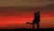 Full-length view of the couple silhouettes softly kissing over the red sky during the sunset. Romantic atmosphere.