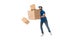 full length view of delivery man holding stacked cardboard boxes falling