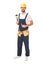 full length view of handsome repairman holding tools and smiling at camera