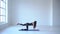 Full-length view of the skinny athletic trainer performing the exercise donkey kick on the yoga mat in white studio. 4k