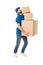 full length view of tired delivery man holding stacked cardboard boxes and looking at camera