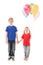 Full length view of two kids with colorful balloons holding hands