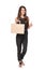 Full length woman holding carton brown shopping bag