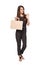 Full length woman holding carton brown shopping bag