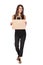 Full length woman holding carton brown shopping bag