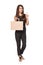 Full length woman holding carton brown shopping bag