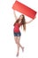 Full length young woman holding red blank cardboard over head