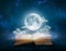 Full moon above open pages of old book; Astrology, zodiac, esoteric concept