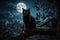 Full moon background Scary night imagery Eerie tree branch scene Halloween cat artwork
