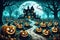 full moon on Halloween night glows on haunted house and pumpkin