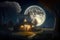 full moon hanging in the night sky, with view of peaceful house and garden