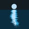 Full moon and moonlight on water waves in dark night, simple modern flat illustration. Blue full moon and light on waves, marine