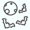 Full moon night line icon. Sun shined side planet with wild bats around. Halloween vector design concept, outline style
