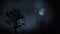 Full moon at night rising between evergreen tree forest with clouds 3d illustration