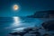 Full moon night, sea landscape, bright and serene coastal panorama