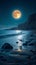 Full moon night, sea landscape, bright and serene coastal panorama