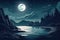 Full moon night seascape. Starry sky with clouds and moonlight reflection in dark water surface, cartoon illustration. Generative