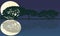 Full moon in night sky with stars and clouds above trees and pond reflecting starlight background.