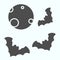 Full moon night solid icon. Sun shined side planet with wild bats around. Halloween vector design concept, glyph style