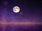 Full moon on night starry sky at sea lilac pink sunset sky stars summer sea dark blue water reflection moonlight galaxy background