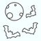 Full moon night thin line icon. Sun shined side planet with wild bats around. Halloween vector design concept, outline