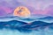 Full moon over hills, in the style of colorful landscapes, ethereal cloudscapes, brightly colored, mist, traditional, iconic.