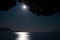 Full moon over the ocean shining through pine needles