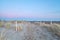 Full moon over sand path with fence in dunes