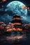 A full moon rises over a pagoda in the middle of the night. Generative AI image.