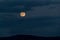 Full moon rising over silhouetted mountains amidst dark clouds