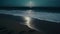 A full moon shines over the ocean on a beach. Generative AI image.