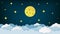 Full moon, stars, and clouds on the dark midnight sky background. Night sky scenery background. Paper art style.