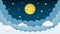 Full moon, stars, clouds on the dark midnight sky background. Night sky scenery background. Paper art style.