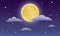 full moon, stars, and clouds on the dark midnight sky. Night sky scenery background. Cartoon full moon on dark starry night sky