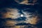 Full moon or supermoon in night blue sky with clouds, dramatic mysterious atmosphere