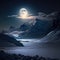 Full Moon: A winter view of snow-capped mountains, white rocks and frozen water illuminated by soft moonlight