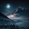 Full Moon: A winter view of snow-capped mountains, white rocks and frozen water illuminated by soft moonlight