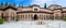 Full panoramic exterior view at the Patio at the Lions, twelve marble lions fountain on Palace of the Lions or Harem, Alhambra