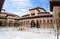 Full panoramic exterior view at the Patio at the Lions, twelve marble lions fountain on Palace of the Lions or Harem, Alhambra