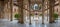 Full panoramic exterior view at the Patio at the Lions, twelve marble lions fountain on Palace of the Lions or Harem, Alhambra