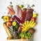 Full paper bag of healthy raw food on white wooden background. Groceries background. Top view, from above, overhead. Shopping conc