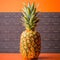 Full pineapple on gray stripes background, square shot