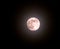 Full pink april moon on with surrounding glow in a black night sky