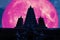 full pink moon back silhouette triple pagoda in night sky