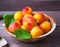 A full plate of fresh apricots in an aluminum Cup, taken at close range