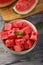 Full plate of sliced â€‹â€‹pieces of ripe watermelon with mint