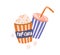 Full popcorn bucket and soda drink cup with straw in retro style. Pop-corn box and beverage. Cinema food concept