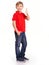 Full portrait of happy boy showing thumbs up gesture, isolated.  Portrait of white smiling kid in a red t-shirt with a big thumb