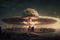 full-scale nuclear war, with mushroom clouds rising over entire city