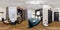 full seamless hdri 360 panorama in interior of guest living room hall with kitchen in studio apartment with bed table armchairs